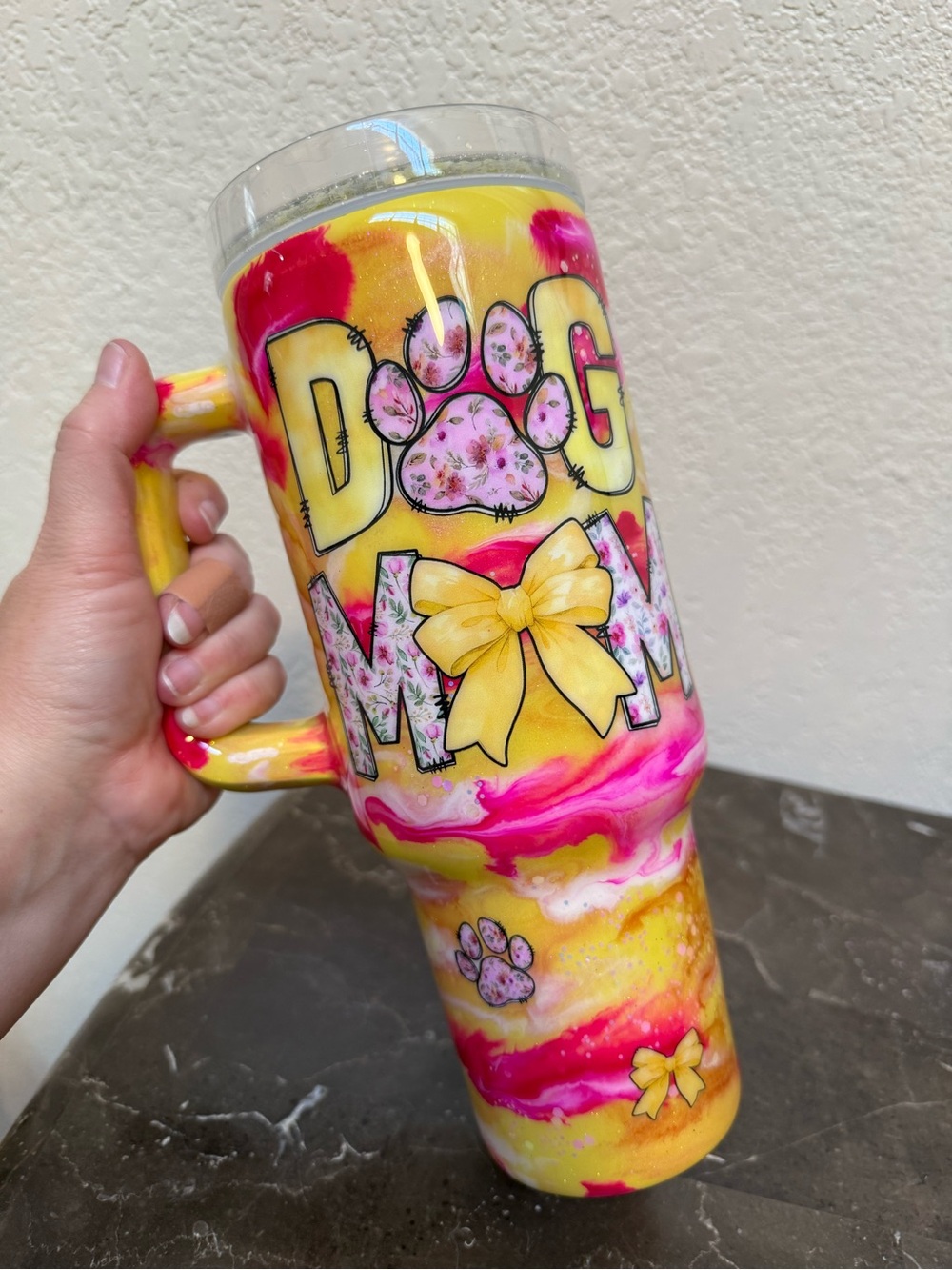 Dog Mom Marble Glitter Tumbler Cup 40 oz with Handle Handmade